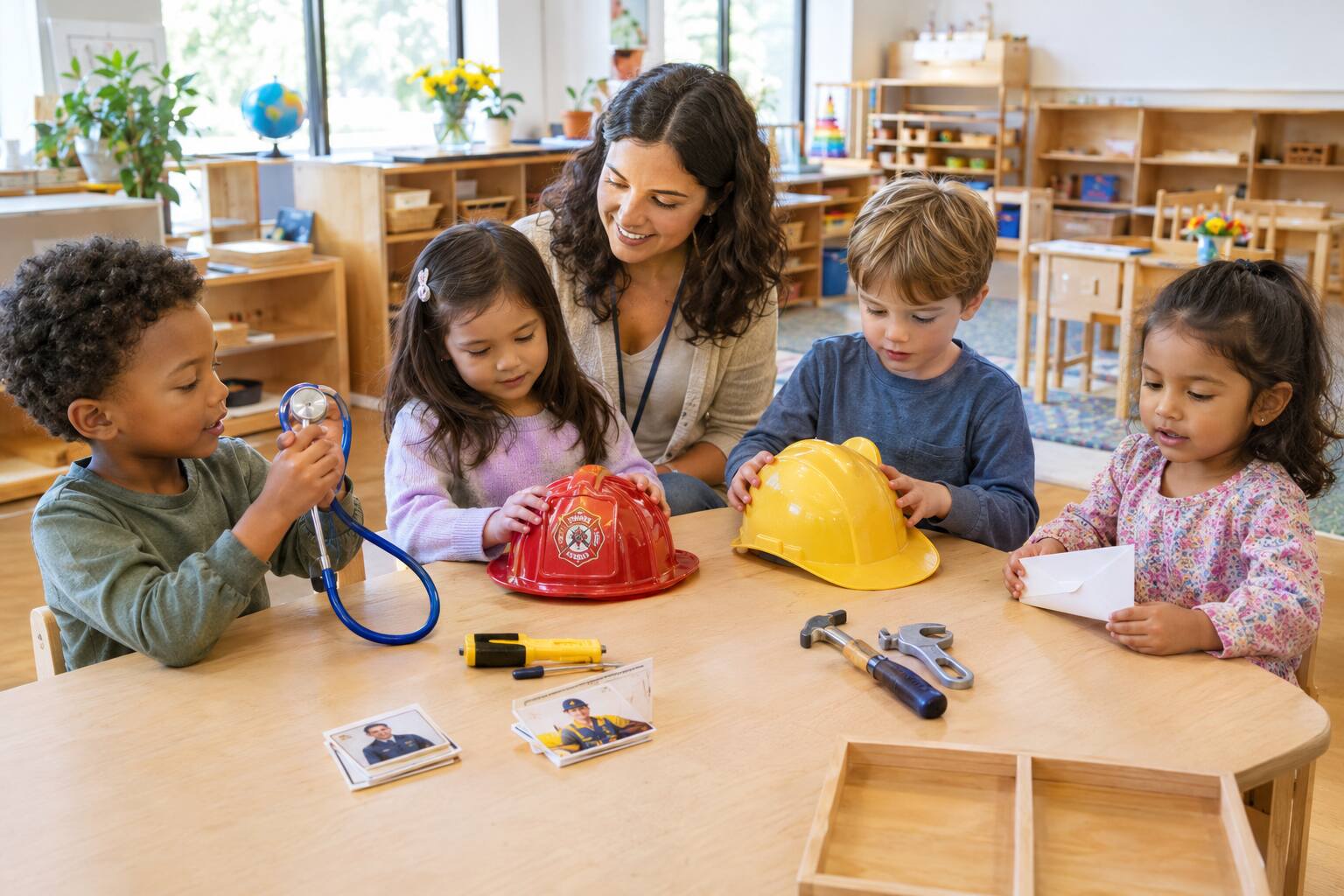 Preschool children learning about community helpers with job-related tools
