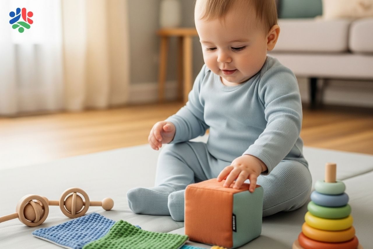 Infant in Montessori nursery exploring sensory toys